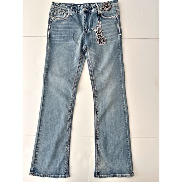Platinum Plush Bootcut Jeans Women 11 Angel Wings Rhinestone Style 4041 Western - Picture 3 of 11
